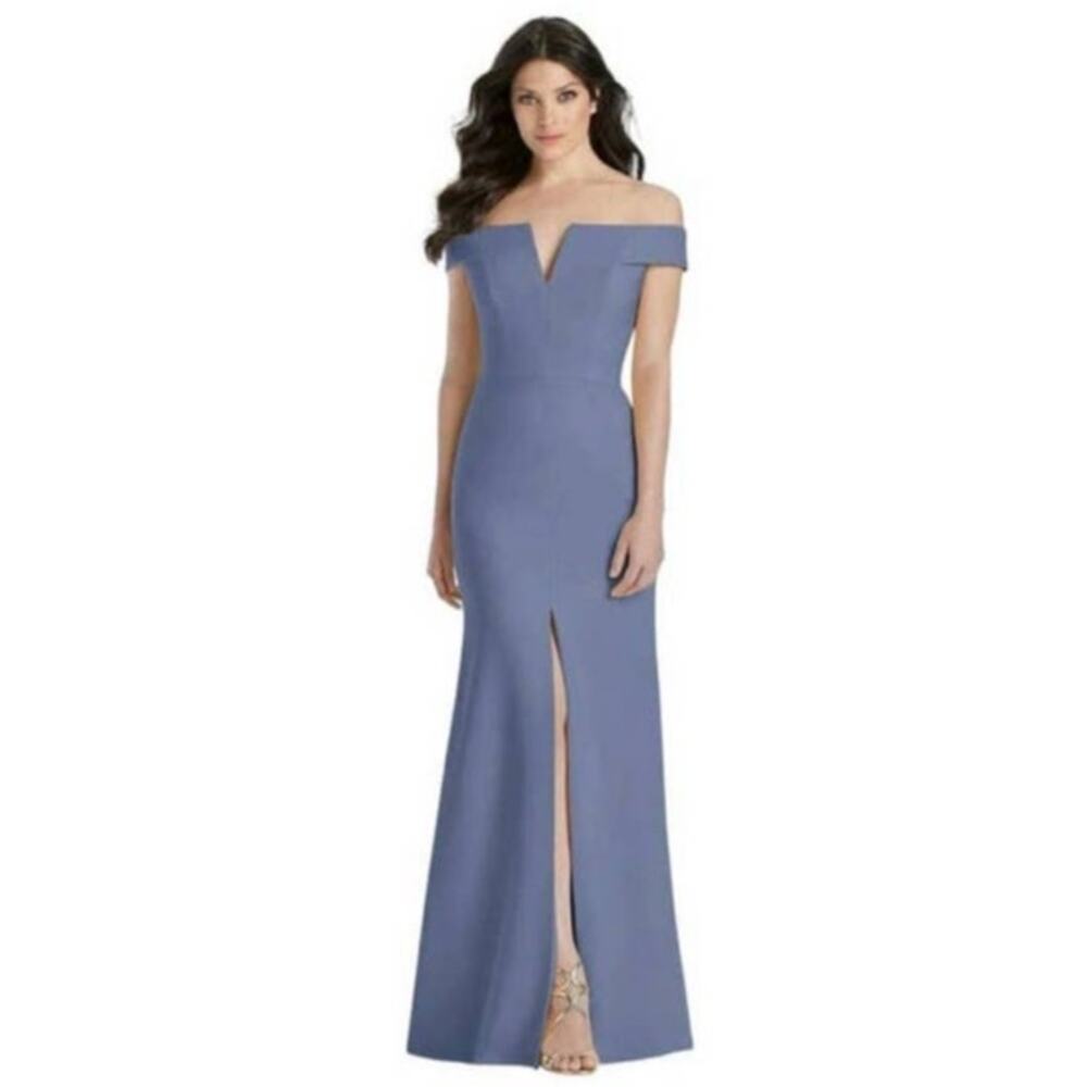 NWT Dessy Collection Off The Shoulder Notch Trumpet Gown Larkspur Blue Sz 8‎